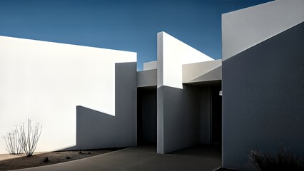 Fototapeta premium Modern Architecture with Geometric Shapes and Contrasting Shadows Under a Clear Blue Sky.
