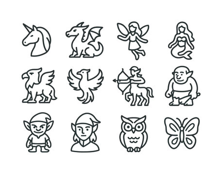 Magical Creature Icons. Magical creatures. Line icon set of Magical creatures: unicorn, dragon, fairy, mermaid, griffin, phoenix, centaur, troll, goblin, elf,