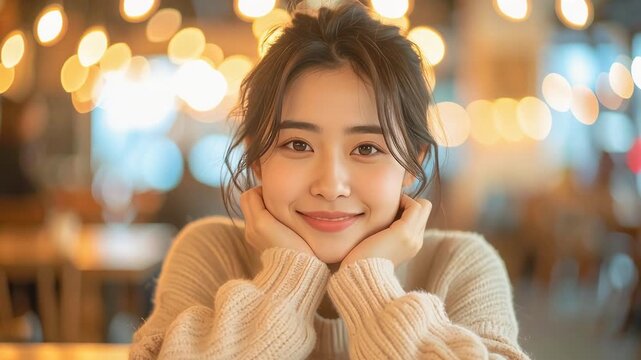 テーブルに肘をつき微笑む女性が温かみのある日常の時間を表現する