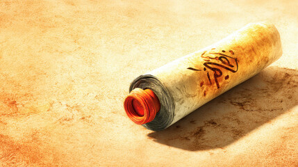 Aged scroll with ancient script resting on a textured surface.