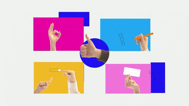 Animated ad. Abstract artwork of hands showing approval and interface actions. Concept of user feedback systems, interface design, quality assurance, digital product and business decision workflows.