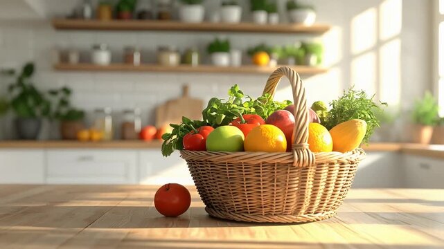 明るいキッチンに置かれた籠いっぱいの新鮮な野菜と果物の静物