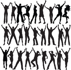 Vector illustration of a group of active dancing girls and people silhouettes in fun party poses, featuring black female figures jumping in ballet, fitness, and disco action