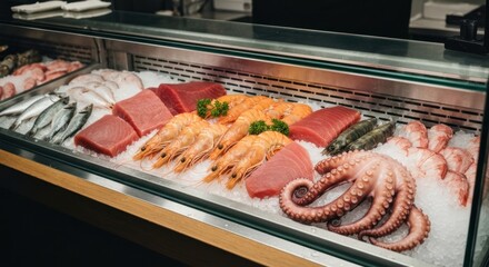 Fresh seafood, sushi-grade cuts, and shrimp are displayed over ice in a glass case