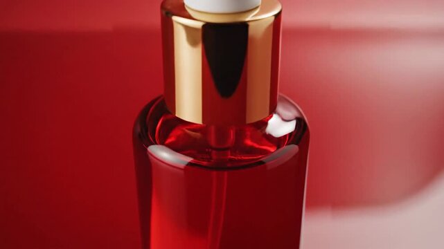 Cosmetic serum bottle on red surface with gold cap and dropper