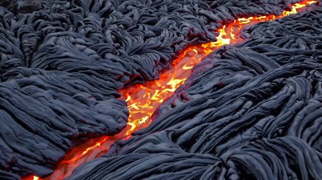 glowing lava river through ropy basalt, molten channel carving intricate ropelike textures across volcanic plain, ember glow contrasting cooling black crust, atmospheric twilight, cinematic close