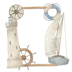 Watercolor nautical frame. Hand drawn illustration on white background