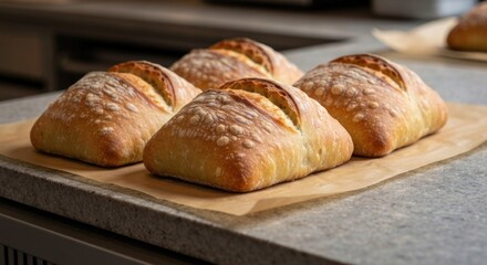 Fototapeta premium Golden, crusty loaves of bread rest on parchment paper atop a textured countertop
