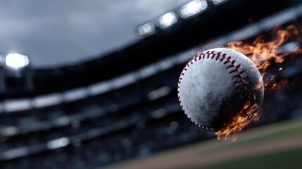 Close-up of a flaming softball soaring through a stadium, capturing dynamic motion and energy, ideal for sports advertising and promotional campaigns.