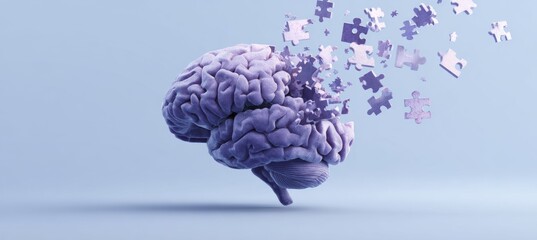 Alzheimer awareness day, dementia diagnosis, Parkinson disease, memory loss disorder, brain with purple puzzle or jigsaw pieces, damaged mind