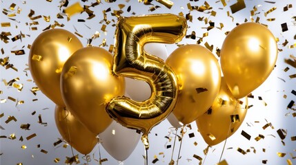 Golden number 5 balloon with confetti and balloons, perfect for fifth birthday celebrations and festive decor.