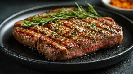 Grilled T-bone steak garnished with rosemary, showcasing a gourmet BBQ dinner, perfect for steakhouse menus and food promotions.