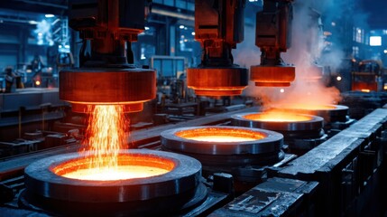 Molten metal pours into molds in a bustling steel mill, emitting an intense orange glow amid heavy smoke, depicting industrial manufacturing.