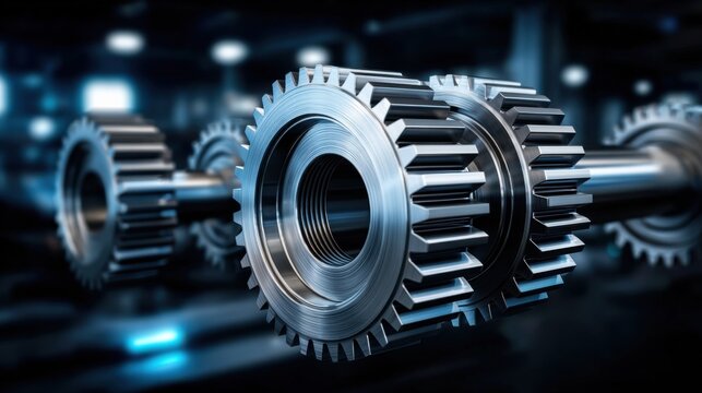 Close-up of interlocking metallic gears in cool blue light, symbolizing industry and precision engineering.