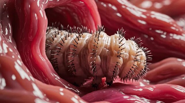 Parasitic Worm Infestation in Human Intestine Macro View.