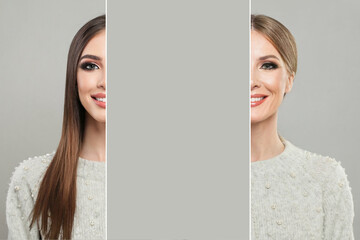 Friendly young model woman and mature woman. Two female faces collage set. Old and young face