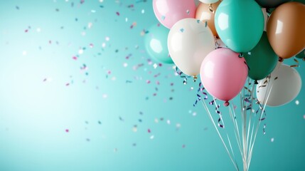 Colorful balloons and confetti against a cheerful blue background, ideal for festive occasions and celebrations.