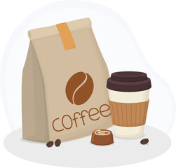 Still life illustration with paper bag of coffee beans, takeaway cup with beverage and chocolate candy. Cozy cafe vibes composition