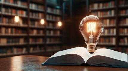 A glowing light bulb rests on an open book in a dim library, symbolizing creativity, knowledge, and inspiration.