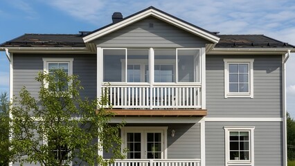Two story grey house with white trim windows and balconies under blue sky home exterior architecture
