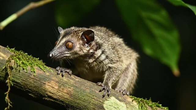 A captivating close-up features a small, nocturnal-looking mammal with large, reflective orange eyes and distinctive striped fur, attentively perched on a moss-covered tree branch. Its sharp claws gri
