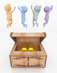Jubelnde 3D Figuren und eine Schatztruhe mit Goldbarren