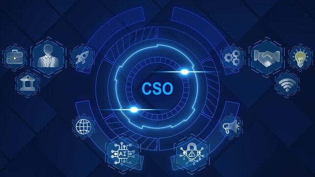 CSO Chief Security Officer Cybersecurity Technology Concept with Futuristic Blue Circuit Board and Representing Business Finance and Innovation