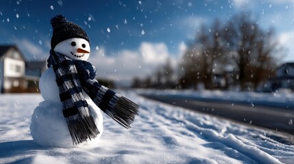 Cheerful snowman with carrot nose and scarf in snowy yard, with snowflakes falling against a bright winter backdrop.