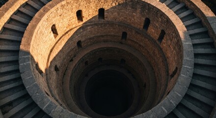 A circular stone well, stairs descending, sun casting shadows on the textured walls