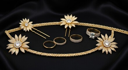 A collection of gold-toned jewelry, including floral hair accessories and rings, on black silk