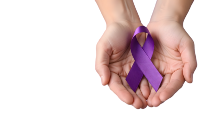 Hands holding purple ribbon isolated on transparent background