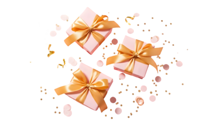 Three pink gifts with gold bows isolated on transparent background