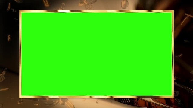 This video features an elegant gold frame surrounding a large green screen, set against a dark background filled with floating musical notes and shimmering light effects.