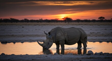 Fototapeta premium A rhino drinks at a waterhole as the sun sets over the African savanna