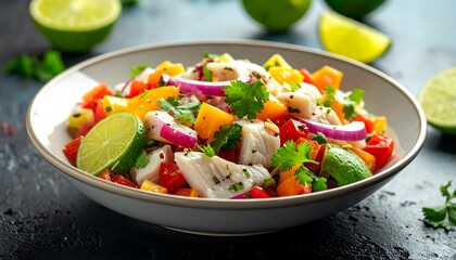 Fresh Ceviche with Lime and Vegetables in a Bowl.