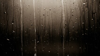 Monochromatic view of raindrops trickling down a window pane creating abstract streaks and patterns