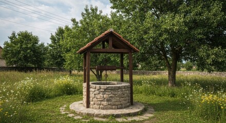 Fototapeta premium A quaint, stone-built well with a wooden roof, nestled in a grassy field, trees in background