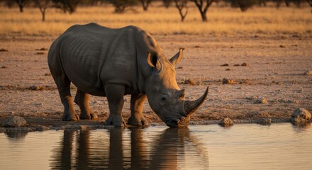 Fototapeta premium A rhinoceros drinks from a watering hole in a dry, sunlit savanna landscape