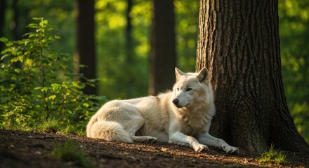 Fototapeta premium A serene white wolf reclines in dappled sunlight beside a mature tree in a verdant forest