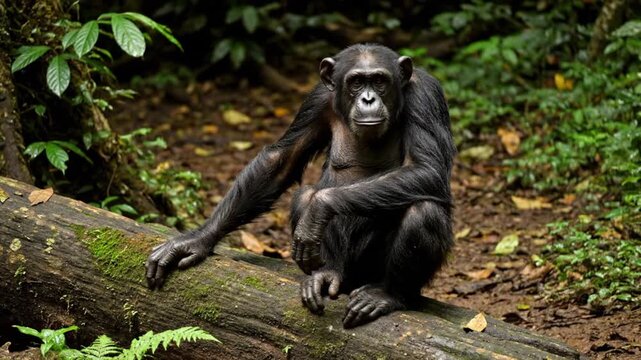 A captivating shot of a chimpanzee sitting attentively on a moss-covered fallen log amidst a lush, verdant forest. The primate's dark fur and intelligent gaze are sharply in focus, creating an intimat