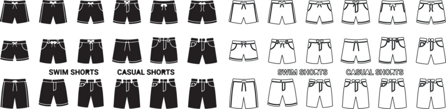Vector set of swim, casual, and cargo shorts icons in black silhouette and outline isolated PNG with Transparent Background