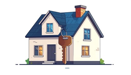 Illustration of a house with a large key in front, symbolizing home ownership and real estate.