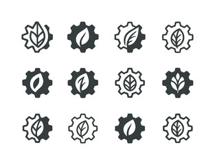 Nature-Tech Balance Logos. balance between nature and technology. Icon set. Set Logo of balance between nature and technology: gear-leaf hybrid. harmonious