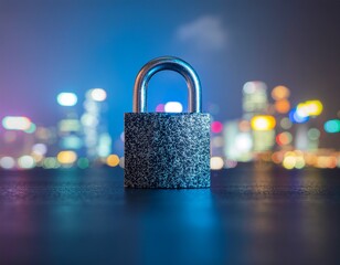 Padlock Security in a Cityscape at Night.