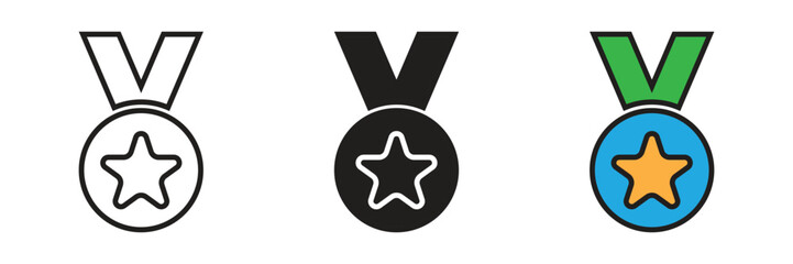 Achievement medal icons with a star symbol, representing first-place winners, academic excellence, sports awards, and professional employee recognition programs.