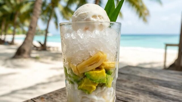 Refreshing Halo-Halo Dessert on a Tropical Beach with Palm Trees.