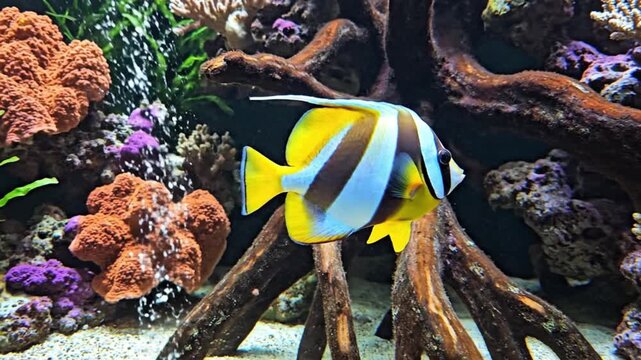 A captivating view of a vibrant, striped tropical fish gracefully swimming in a beautifully maintained aquatic environment. The fish, showcasing striking yellow, white, and dark bands, glides effortle