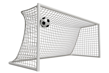 Soccer ball in goal net isolated on transparent background