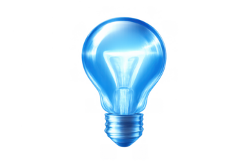 Glowing blue light bulb illuminating a new idea, symbolizing creativity, innovation, intelligence, and discovery on transparent background