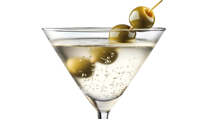 A perfectly clear martini cocktail, presented in a classic stemmed glass and adorned with two plump green olives artfully skewered together, stands out elegantly against a stark black background.